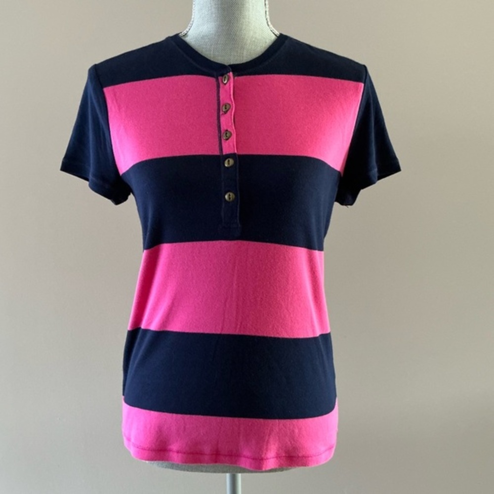 Lauren Ralph Lauren pink navy striped henley tee T-shirt women’s top size MP